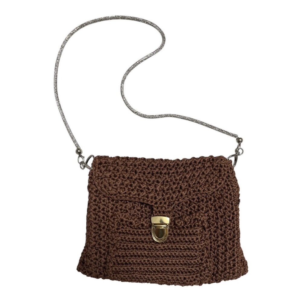 VTG Handmade Crochet Brown Shoulder Bag Rhinestone Chain Strap